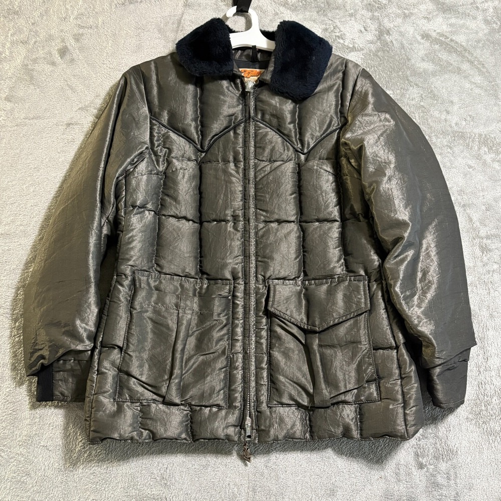 Vintage Comfy Ladies Sz 14 Goose Down Faux Fur Collar Gray Metallic Jacket USA